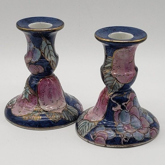Toyo Porcelain Hand Painted Lilac Blue Gold Fruit Candle Holders - Picture 2 of 12